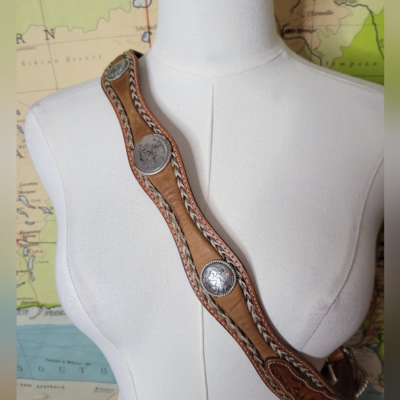 Vintage Brown Leather Embossed Belt with Silver Buckle Size 38 - Picture 3 of 16